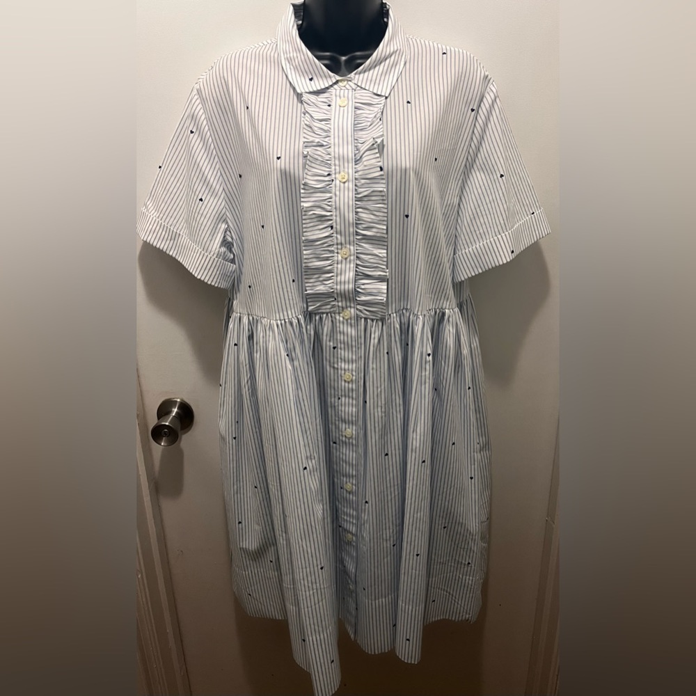Kate Spade Collared Dress With Blue Stripes & Blue Micro Hearts